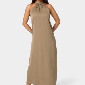 Crushed Satin Mock Neck Maxi Dress