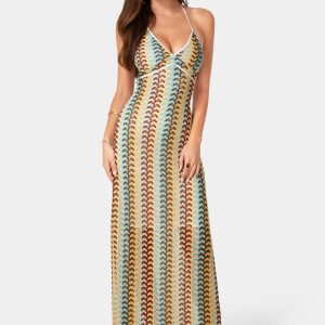 Crochet Stripe Halter A-Line Maxi Dress