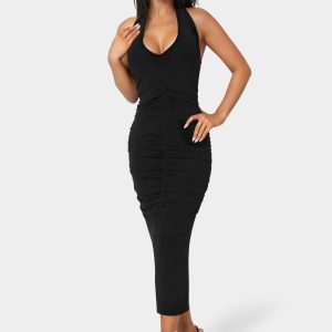 Slinky Shirred Halter Maxi Dress
