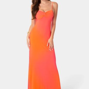 Printed Mesh Drape Back Maxi Dress