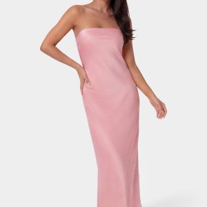 Crushed Satin Strapless Maxi Dress