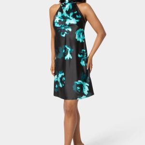 Printed Satin Mock Neck Dress with Bow Back