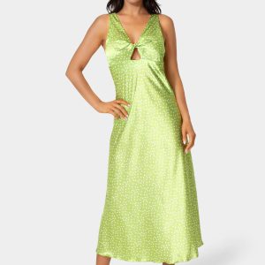 Swiss Dot Satin Twist Front Maxi Dress