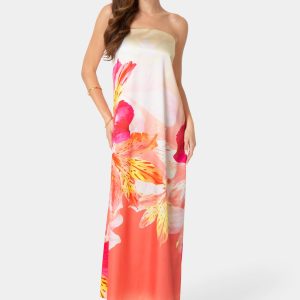 Printed Satin Strapless Maxi Dress