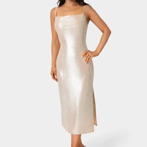 Foil Metallic Slinky Cowl Maxi Dress