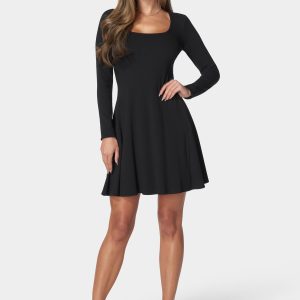 Rib Long Sleeve Godet Dress