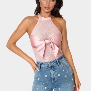 Chest Bow Halter Lace Bodysuit