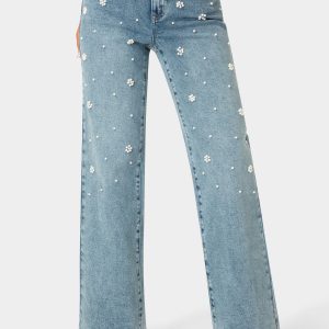Natural Waist Embellished Wide Leg Jeans