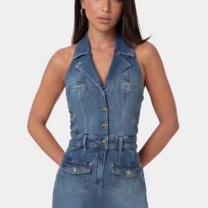 Fitted Halter Denim Romper