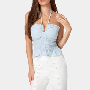 Neck Tie Smocked Linen Top