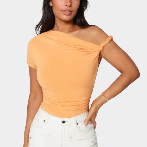 Asymmetrical Shoulder Ruched Bodysuit