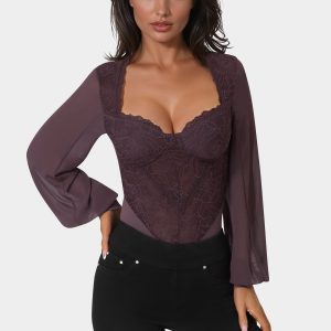 Lace Chiffon Long Sleeve Bodysuit