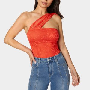 One Shoulder Ruffle Lace Bodysuit