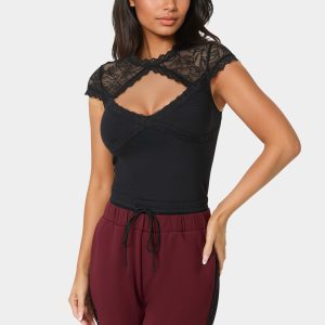 Lace Cap Sleeve Rib Knit Top