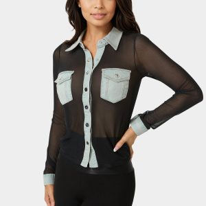 Button Down Mesh Denim Top