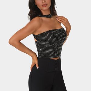Rhinestone Mesh Halter Top