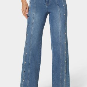 High Waist Snap Detail Wide Leg Jeans