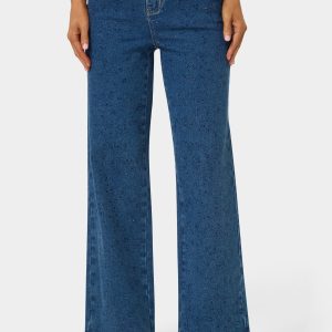 Natural Waist Rhinestone Wide Leg Jeans