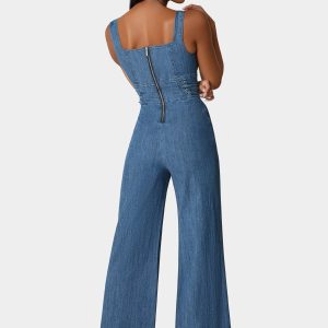 Lace Up Wide Leg Denim Jumpsuit