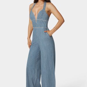 Embellished Wide Leg Halter Denim Jumpsuit
