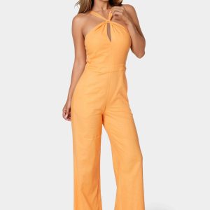 Linen Front Knot Palazzo Leg Jumpsuit
