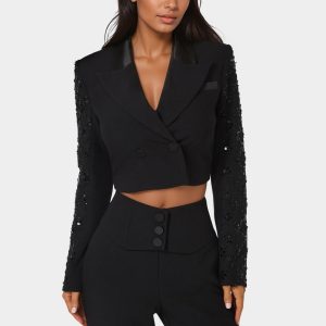Tailored Beaded Sleeves Cropped Blazer