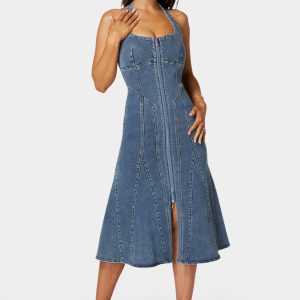 Halter Front Zipper Midi Denim Dress