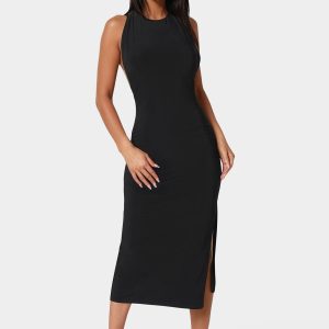 High Neck Cowl Maxi With Slit Dress