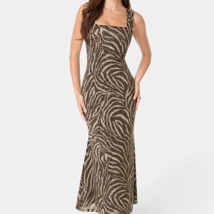 Square Neck Hotfix Mesh Maxi Dress