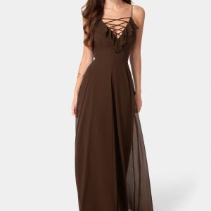 Lace Up Ruffle Chiffon Maxi Dress