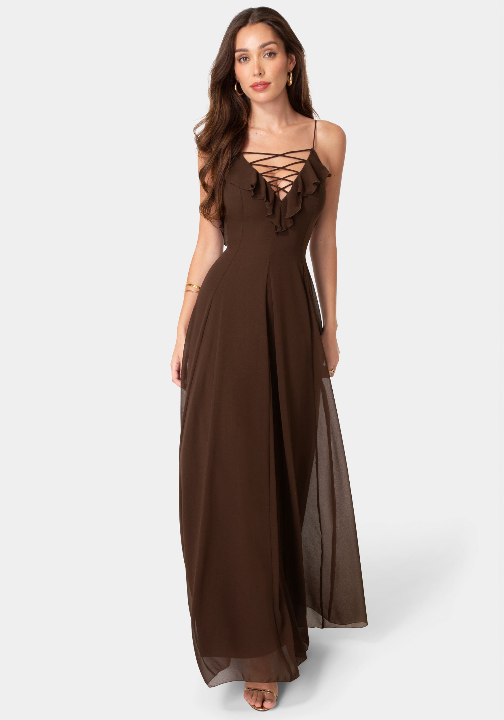 Lace Up Ruffle Chiffon Maxi Dress