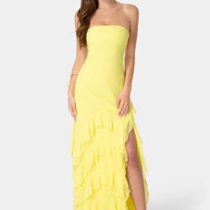 Strapless Cascade Ruffle Chiffon Maxi Dress
