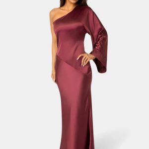 One Shoulder Bell Sleeve Satin Maxi Dress