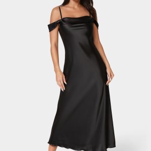 Drape Shoulder High Slit Satin Maxi Dress