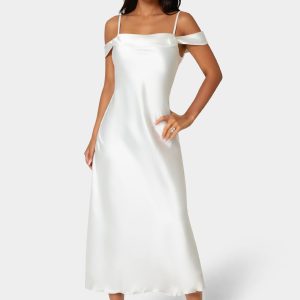 Drape Shoulder High Slit Satin Maxi Dress