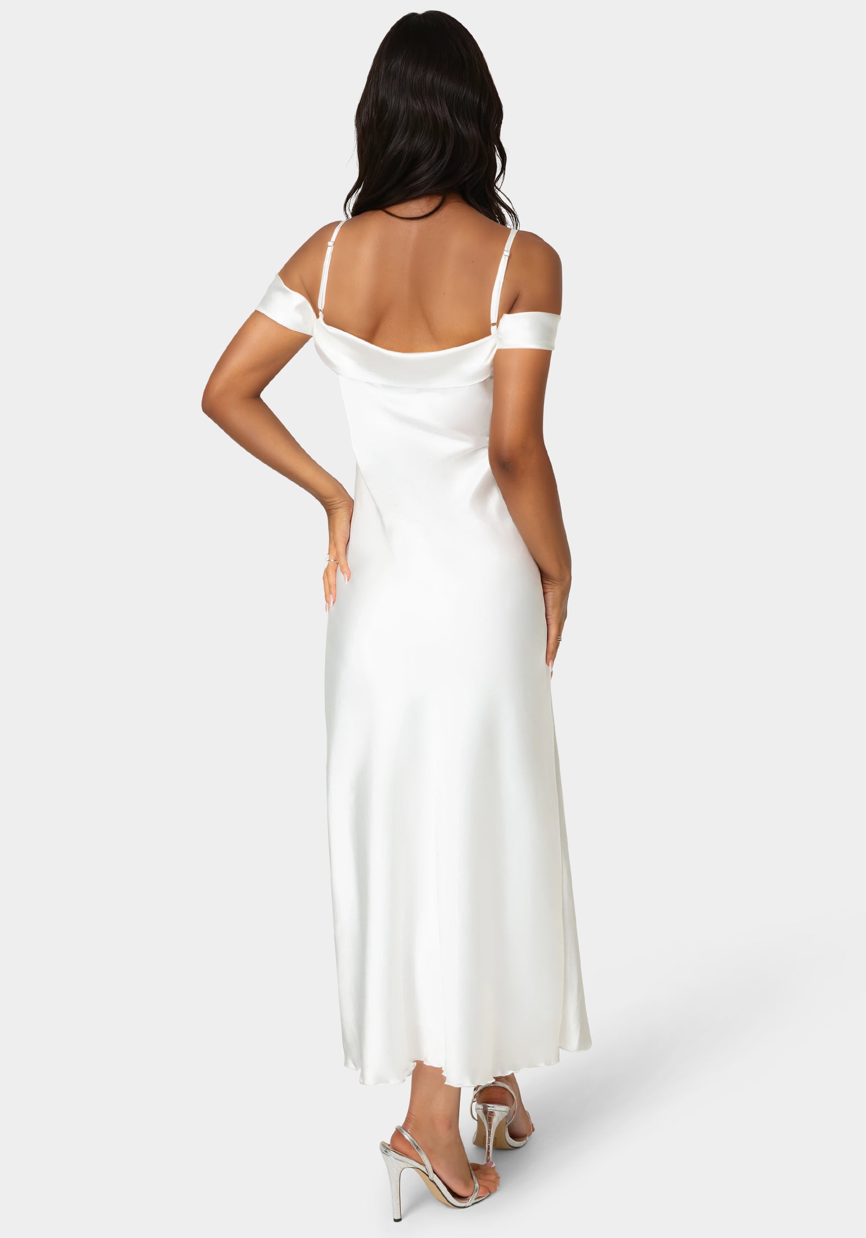 Drape Shoulder High Slit Satin Maxi Dress - Image 3