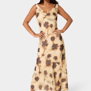 Printed Chiffon Cowl Maxi Dress