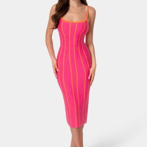 Striple Knit Bodycon Midi Dress