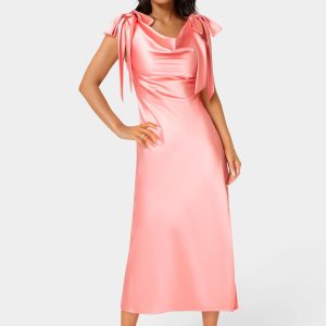Bow Strap Satin Midi Dress