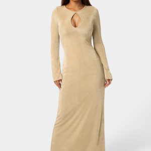 Long Sleeve Open Neck Slinky Maxi Dress