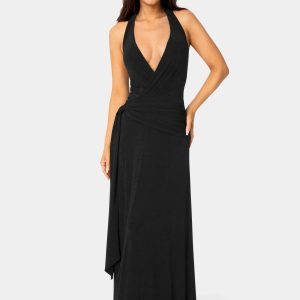 Wrap Front Plunge Neck Maxi Dress