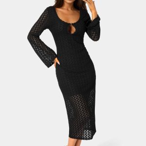 Long Sleeve Cutout Crochet Maxi Dress