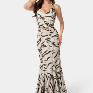Printed Halter Flare Maxi Dress