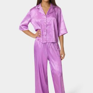 2pc Satin Notch Collar Pant Set