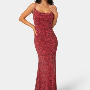 Printed Mesh Cowl Gown