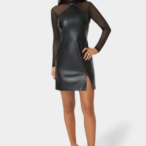 Faux Leather and Mesh Mock Neck Mini Dress