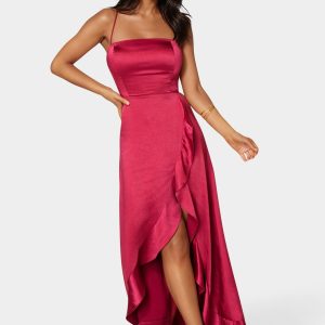 Satin Ruffle Lace Up Back Maxi Dress