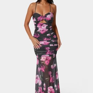 Twist Front Mermaid Mesh Gown