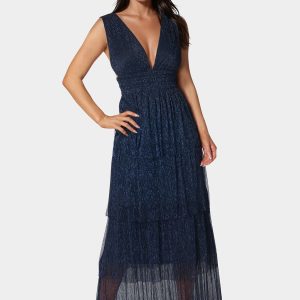 Tiered Plunge Neck Lurex Midi Dress