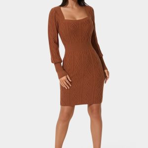 Square Neck Long Sleeve Cable Sweater Dress